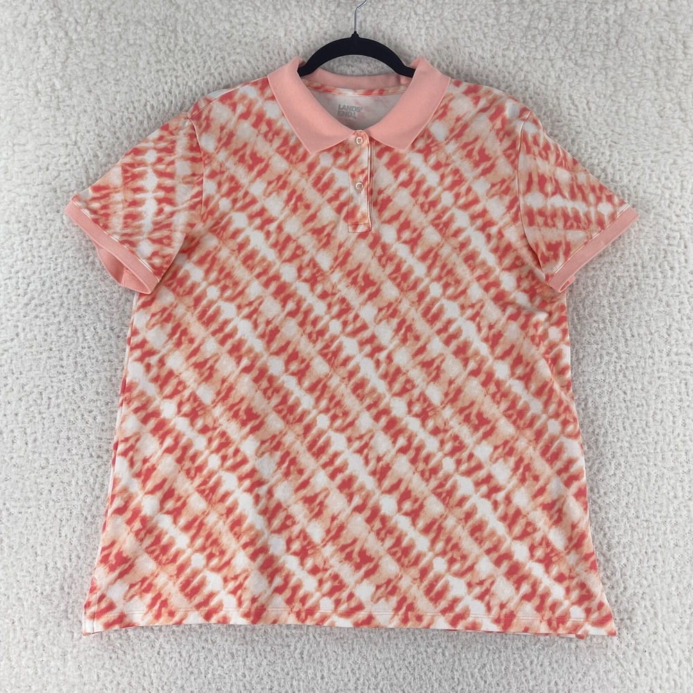 Lands' End Peach Tie Dye‎ Mesh Cotton Polo Shirt Womens Short Sleeve Size Large